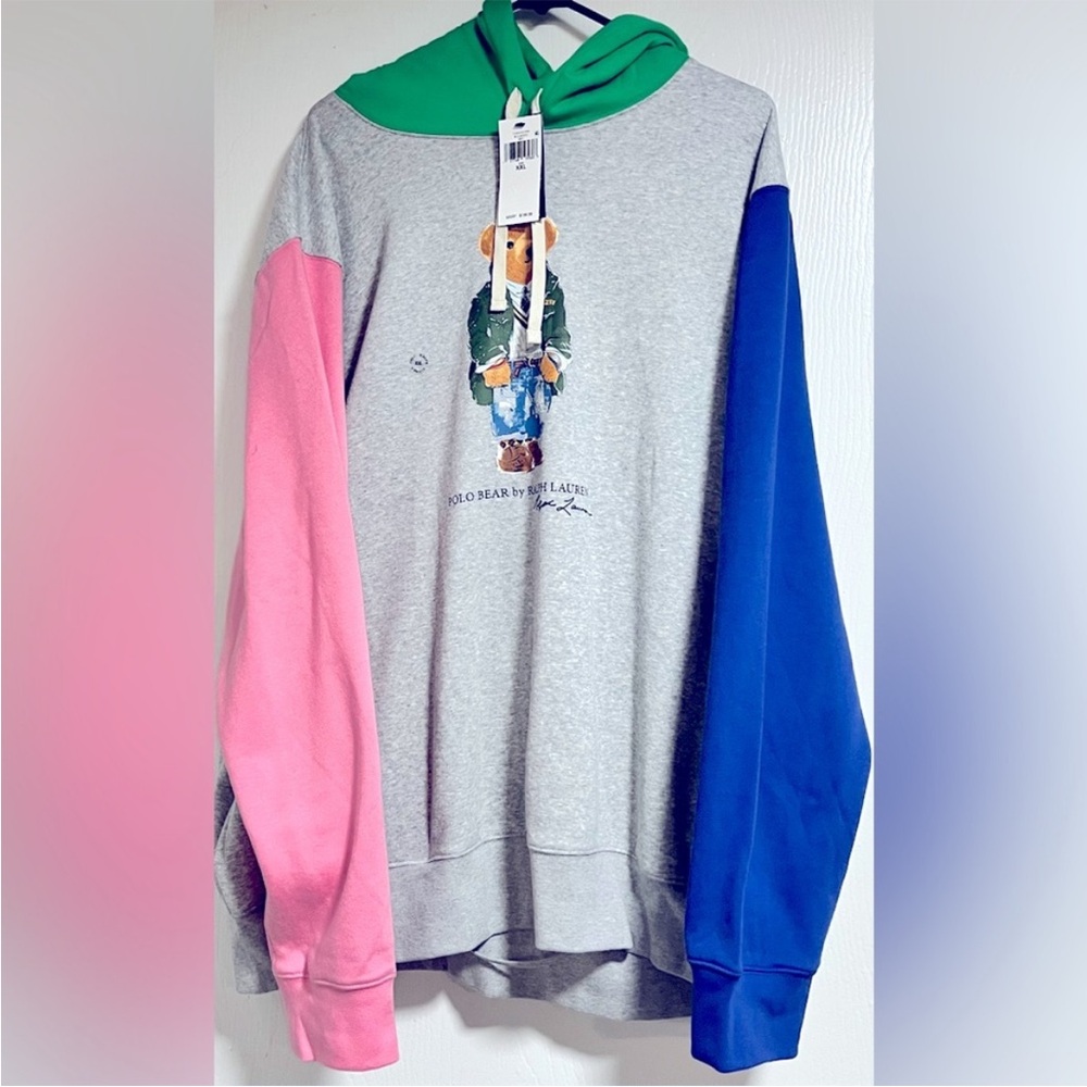 Blue and Gray and pink polo bear Hoodie..size 2XL
